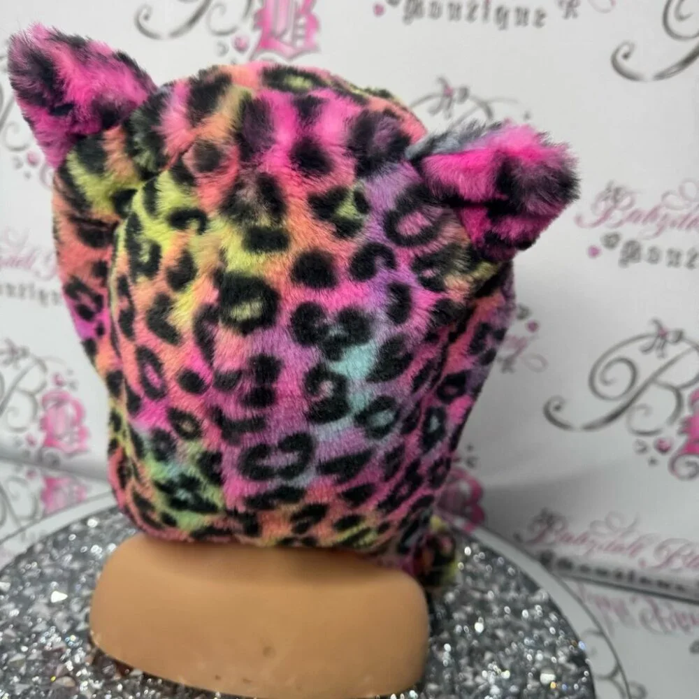 Hat toque cheetah print rainbow Pom poms cat ears animal print ombré soft fur